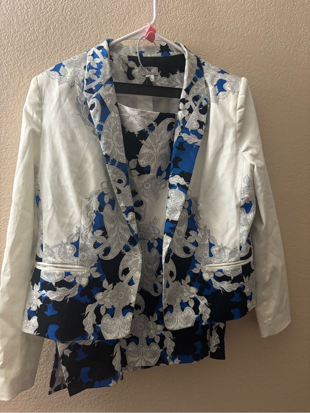 Worthington White Blazer with Blue & Silver Floral Jacquard XL & 12 skirt set